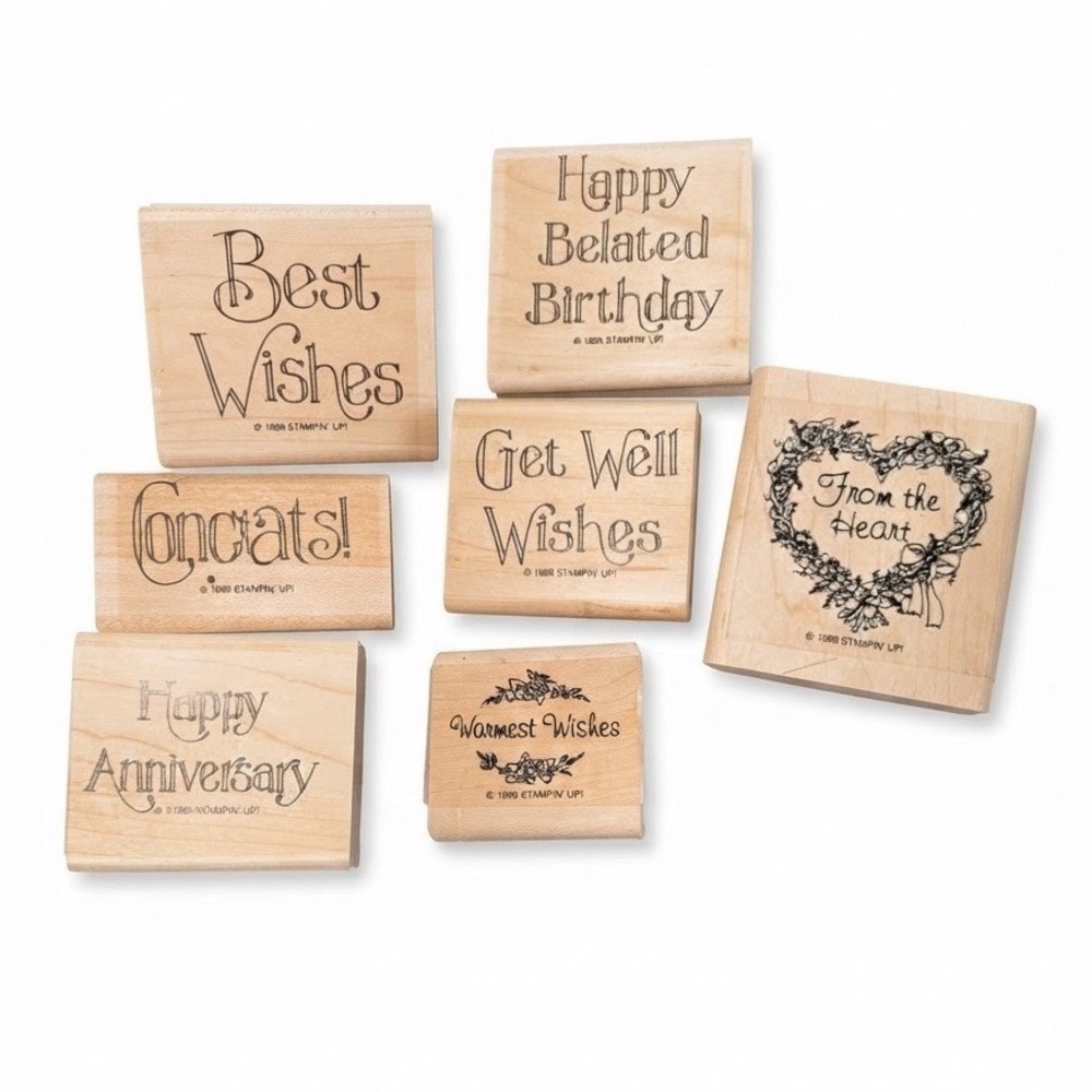 Vintage Stampin Up Wood Block Rubber Stamp Set 7pc Sentiments 1988-1993